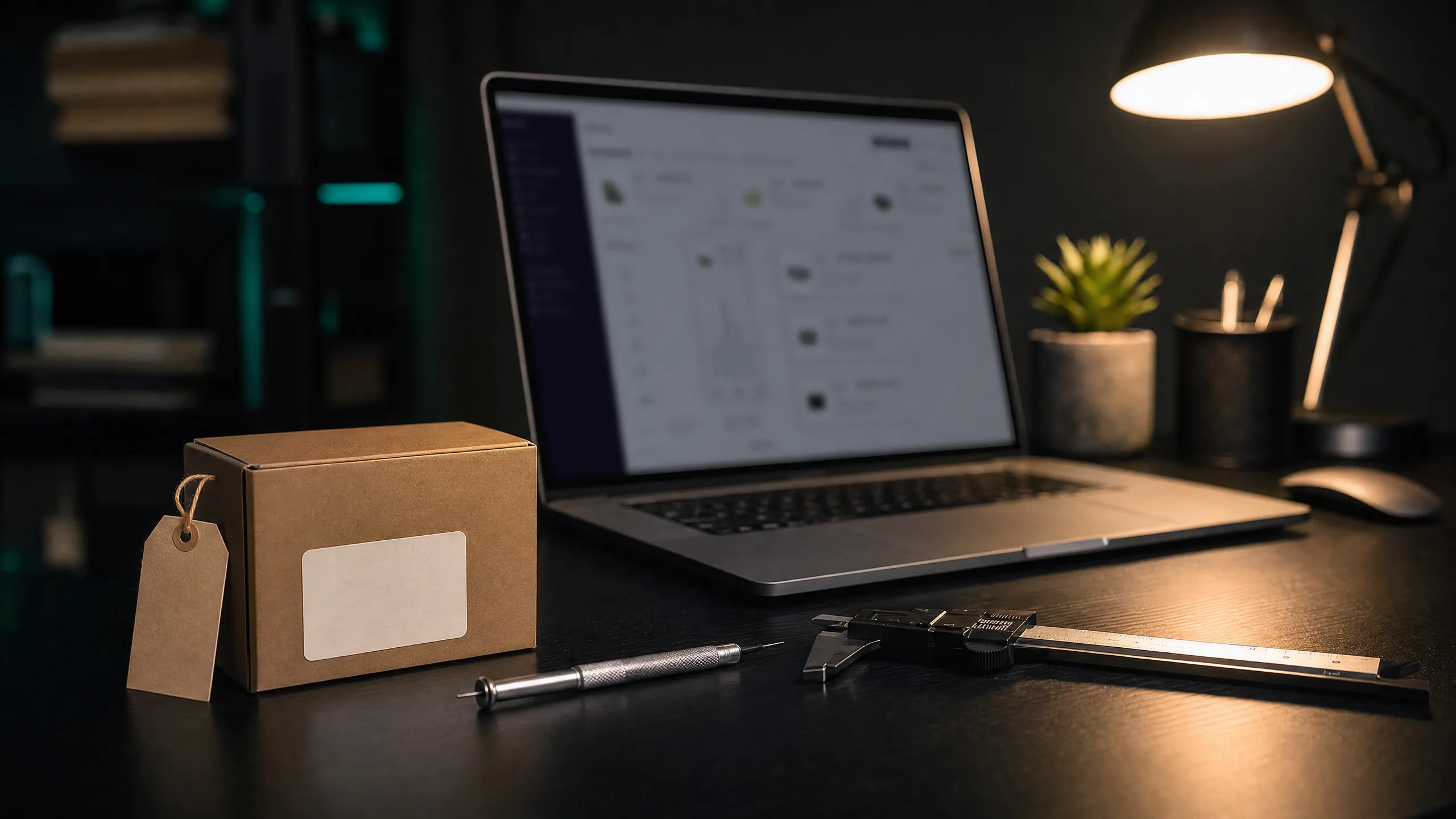 Arbeitsplatz mit Laptop, Versandkarton und Messwerkzeug